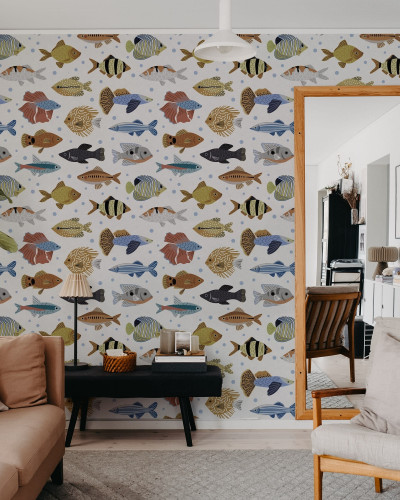 Tapet cu design modern Fish Shoal, Sand, cu pești colorați.
