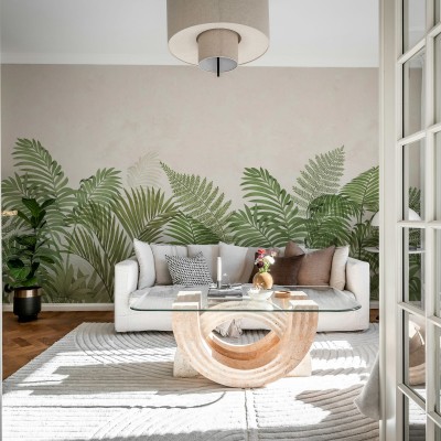 Tapet cu frunze tropicale verzi în living
