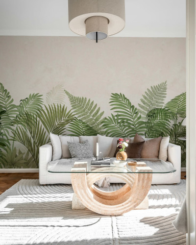 Tapet cu frunze tropicale verzi în living