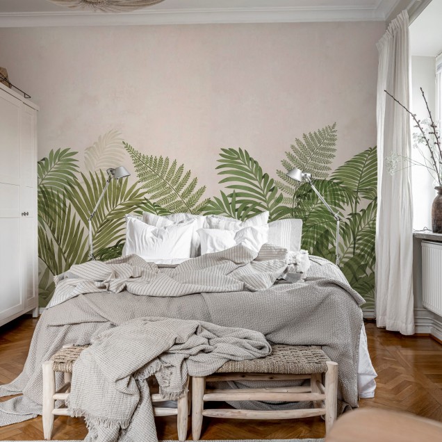 Tapet cu frunze tropicale verzi în living