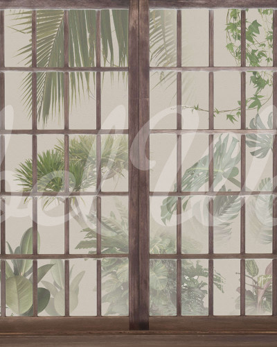 Tapet cu design minimalist care prezintă ferestre ce se deschid către o grădină plină de verdeață.