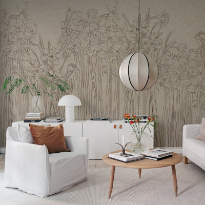 Tapet Daffodil, Beige, cu flori delicate pe un fundal bej.