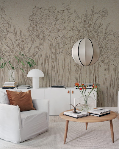 Tapet Daffodil, Beige, cu flori delicate pe un fundal bej.