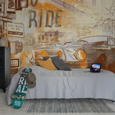Street Race, Vintage, tapet cu un design grafic urban, cu o mașină clasică desenată în stil vintage.