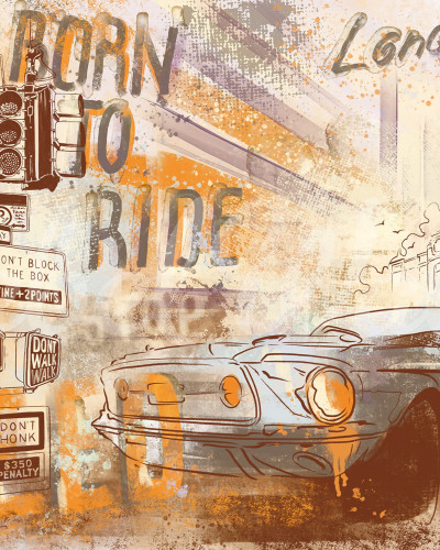 Street Race, Vintage, tapet cu un design grafic urban, cu o mașină clasică desenată în stil vintage.