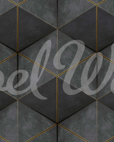 Tapet geometric cu forme hexagonale, create din cuburi tridimensionale, in tonuri de gri si accente aurii.