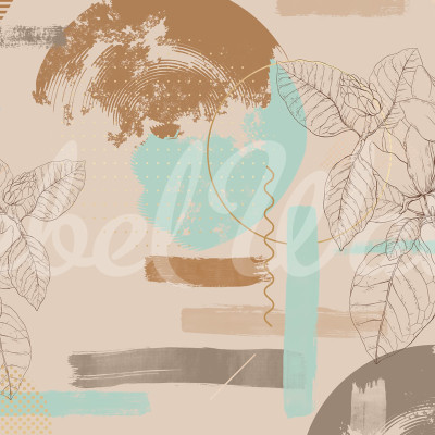Tapet abstract retro pastel cu flori si forme geometrice, in nuante de bej, gri si verde.