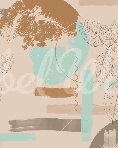 Tapet abstract retro pastel cu flori si forme geometrice, in nuante de bej, gri si verde.