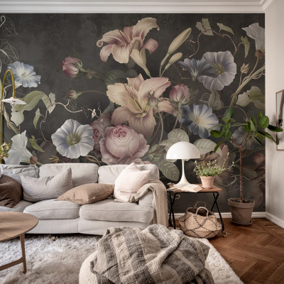 Tapet floral Soft Bouquet, Dark, cu flori delicate și culori pastelate, perfect pentru a crea un punct focal în orice cameră.