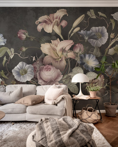 Tapet floral Soft Bouquet, Dark, cu flori delicate și culori pastelate, perfect pentru a crea un punct focal în orice cameră.