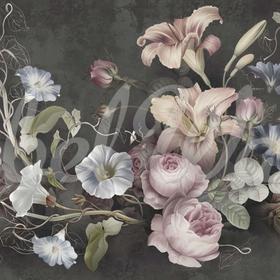 Tapet floral Soft Bouquet, Dark, cu flori delicate și culori pastelate, perfect pentru a crea un punct focal în orice cameră.