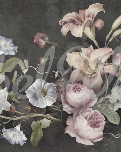 Tapet floral Soft Bouquet, Dark, cu flori delicate și culori pastelate, perfect pentru a crea un punct focal în orice cameră.