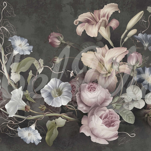 Tapet floral Soft Bouquet, Dark, cu flori delicate și culori pastelate, perfect pentru a crea un punct focal în orice cameră.