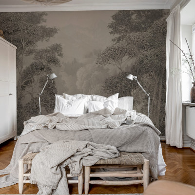 Imagine cu tapet vintage Misty Park, care prezintă o imagine cu copaci în tonuri neutre de gri. Tapetul este perfect pentru un dormitor sau o sufragerie, adăugând o notă de calm și eleganță decorului.