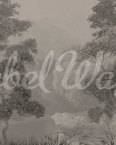 Imagine cu tapet vintage Misty Park, care prezintă o imagine cu copaci în tonuri neutre de gri. Tapetul este perfect pentru un dormitor sau o sufragerie, adăugând o notă de calm și eleganță decorului.