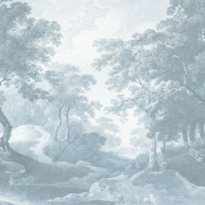 Tapet cu design vintage The Vintage Grove, Blue, care prezintă un peisaj liniștit cu copaci și o potecă, perfect pentru a crea o atmosferă relaxantă și primitoare. Culorile delicate de albastru și gri adaugă o notă de sofisticare și rafinament.