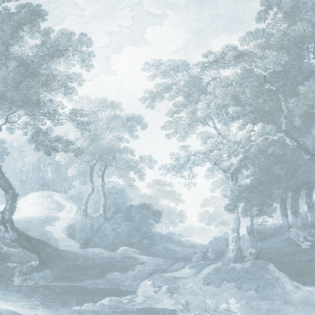 Tapet cu design vintage The Vintage Grove, Blue, care prezintă un peisaj liniștit cu copaci și o potecă, perfect pentru a crea o atmosferă relaxantă și primitoare. Culorile delicate de albastru și gri adaugă o notă de sofisticare și rafinament.