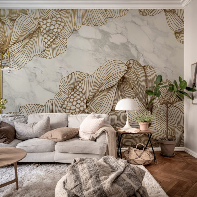 Tapet 3D Opulence cu efect de marmură albă și detalii aurii.  Design abstract elegant pentru living, dormitor, hol sau birou.