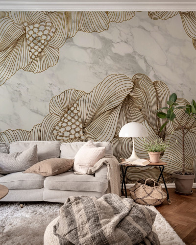 Tapet 3D Opulence cu efect de marmură albă și detalii aurii.  Design abstract elegant pentru living, dormitor, hol sau birou.