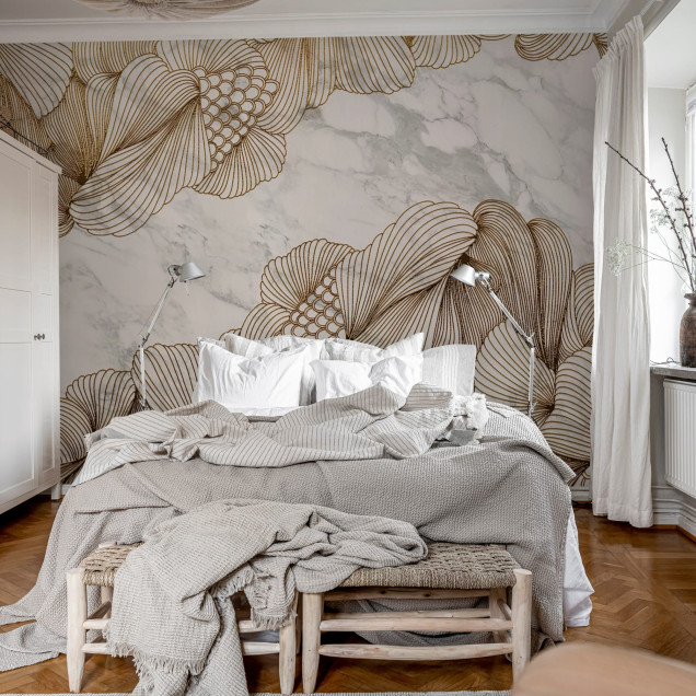 Tapet 3D Opulence cu efect de marmură albă și detalii aurii.  Design abstract elegant pentru living, dormitor, hol sau birou.