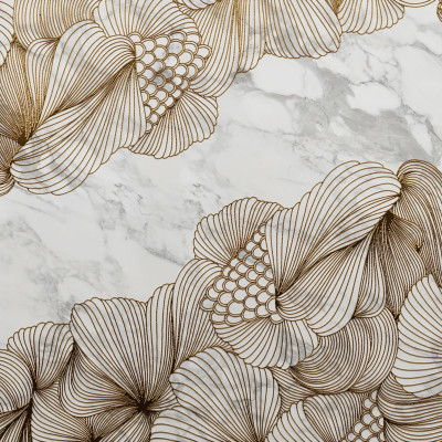 Tapet 3D Opulence cu efect de marmură albă și detalii aurii.  Design abstract elegant pentru living, dormitor, hol sau birou.