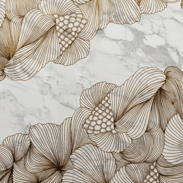 Tapet 3D Opulence cu efect de marmură albă și detalii aurii.  Design abstract elegant pentru living, dormitor, hol sau birou.