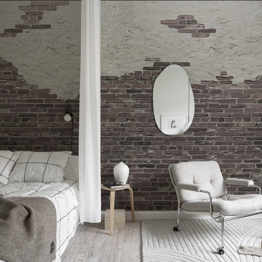 Tapet cu design modern, cu aspect de cărămidă și tencuială, în nuanțe de gri și alb.