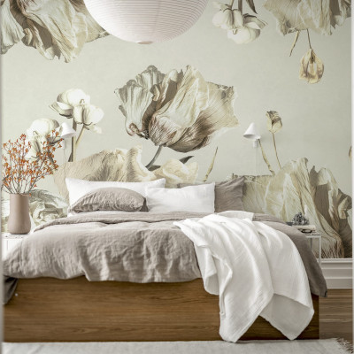 Tapet cu flori uscate, tonuri neutre, design elegant