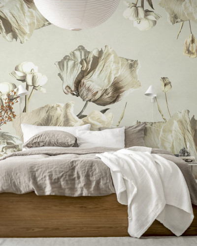 Tapet cu flori uscate, tonuri neutre, design elegant