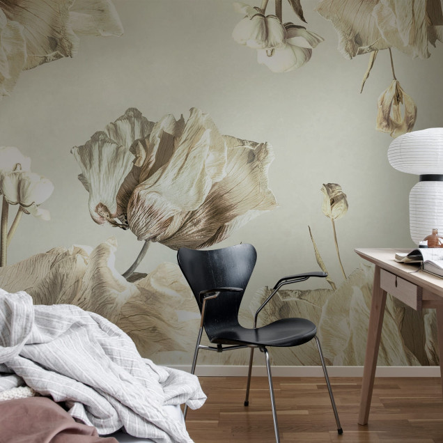 Tapet cu flori uscate, tonuri neutre, design elegant