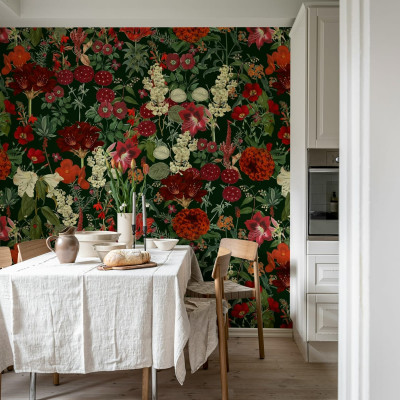 Tapet cu flori roșii pe fundal verde închis, tapet Wintergarden, tapet floral