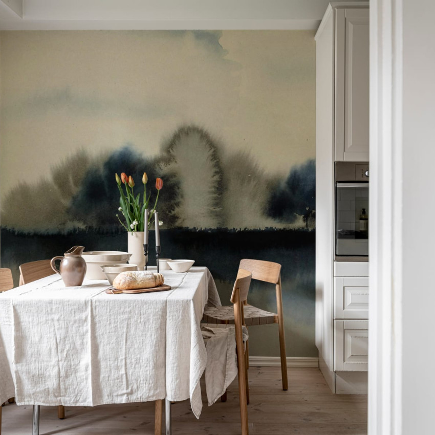 Tapet cu design minimalist Stormy Forest, Black & White, pe peretele unui dormitor