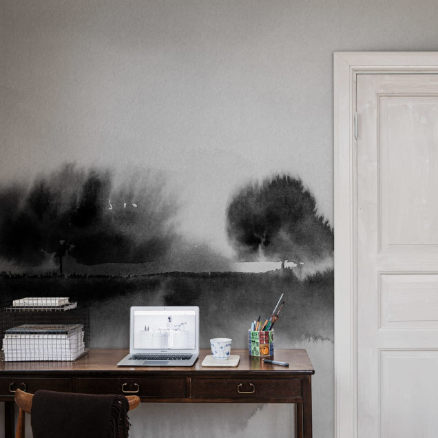 Tapet cu design minimalist Stormy Forest, Black & White, pe peretele unui dormitor