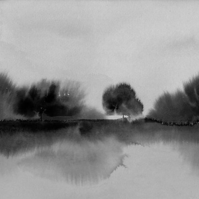 Tapet cu design minimalist Stormy Forest, Black & White, pe peretele unui dormitor