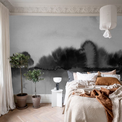 Tapet cu design minimalist Stormy Forest, Black & White, pe peretele unui dormitor