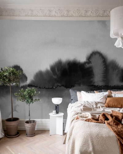 Tapet cu design minimalist Stormy Forest, Black & White, pe peretele unui dormitor