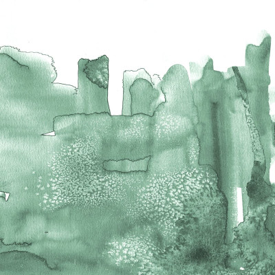 Tapet abstract Watercolor City, cu model verde, în acuarele, aplicat pe un perete într-un dormitor