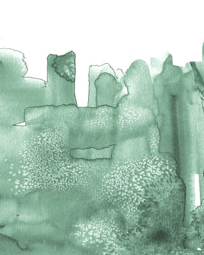 Tapet abstract Watercolor City, cu model verde, în acuarele, aplicat pe un perete într-un dormitor