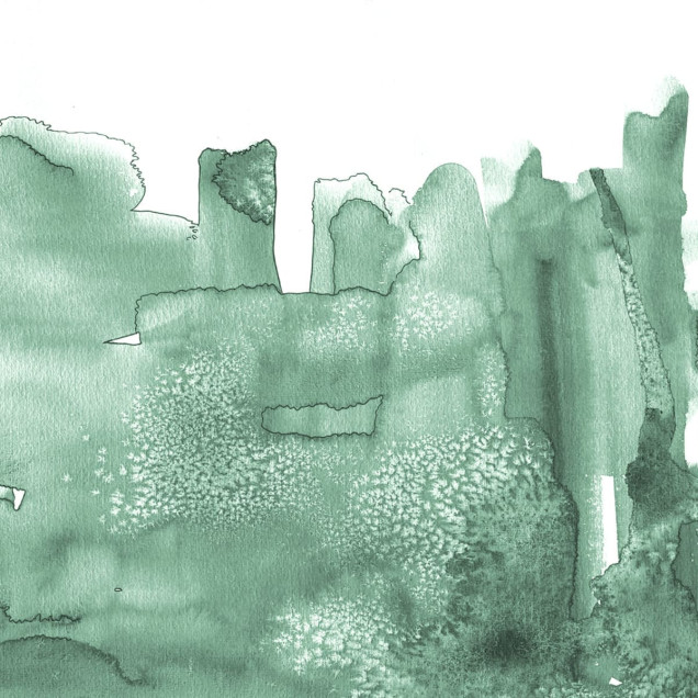 Tapet abstract Watercolor City, cu model verde, în acuarele, aplicat pe un perete într-un dormitor