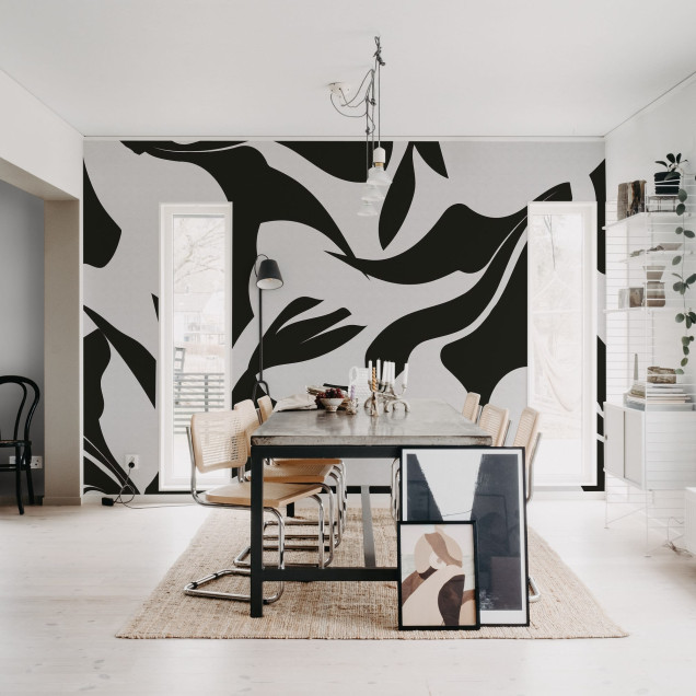 Tapet modern cu design minimalist, cu forme abstracte si linii simple, ce creeaza un contrast puternic intre negru si alb.