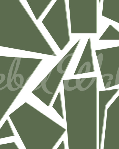 Tapet geometric cu design modern, cu forme geometrice ascuțite și linii curate în nuanțe de verde.