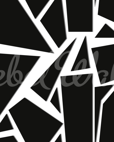 Tapet geometric abstract în culori negru și alb, aplicat pe un perete din living, lângă o canapea albă, cu un covor alb și un fotoliu maro.
