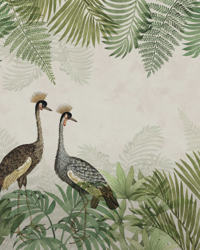 Tapet Palm Jungle, Crane cu design tropical cu macarale, frunze de palmier și o pasăre albastră.
