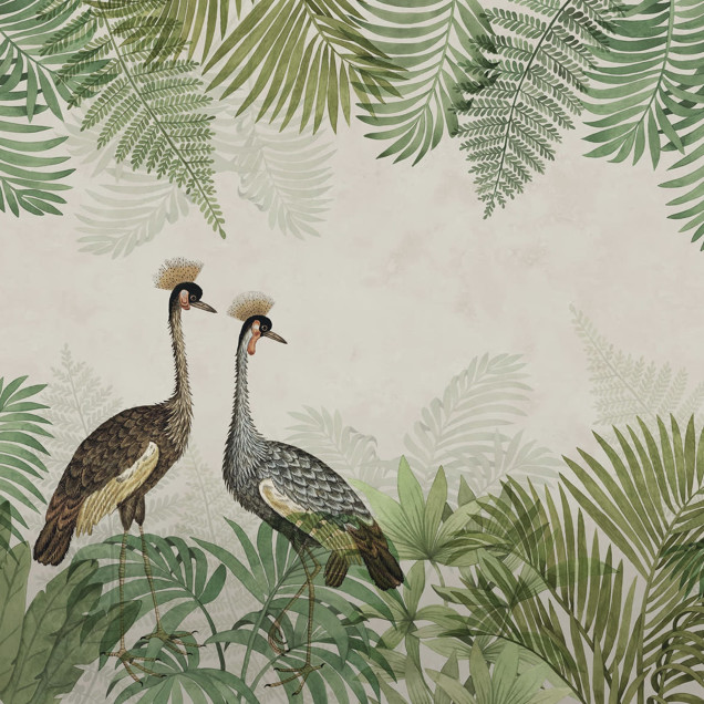 Tapet Palm Jungle, Crane cu design tropical cu macarale, frunze de palmier și o pasăre albastră.