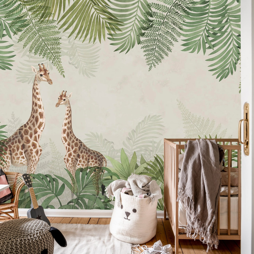 Tapet Palm Jungle, Crane cu design tropical cu macarale, frunze de palmier și o pasăre albastră.