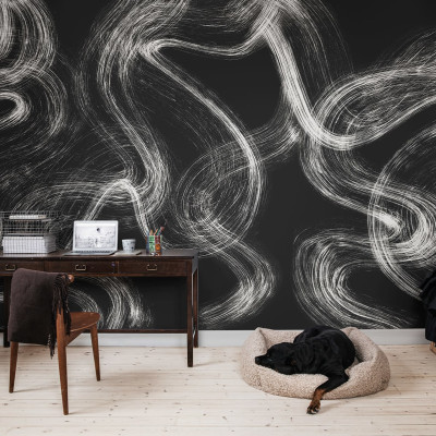 Tapet abstract Blurry Stripes cu dungi albe pe un fundal negru. Design modern, minimalist și captivant. Perfect pentru living, dormitor sau birou.