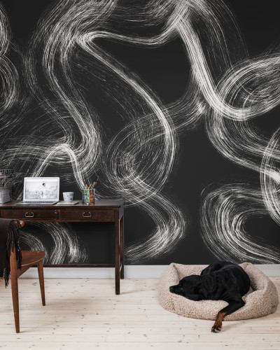 Tapet abstract Blurry Stripes cu dungi albe pe un fundal negru. Design modern, minimalist și captivant. Perfect pentru living, dormitor sau birou.