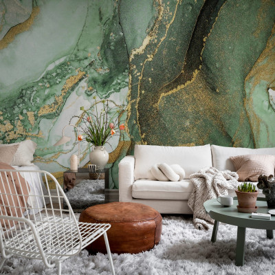 Tapet verde cu detalii aurii, design abstract