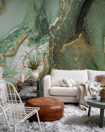 Tapet verde cu detalii aurii, design abstract