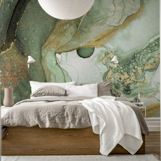 Tapet verde cu detalii aurii, design abstract